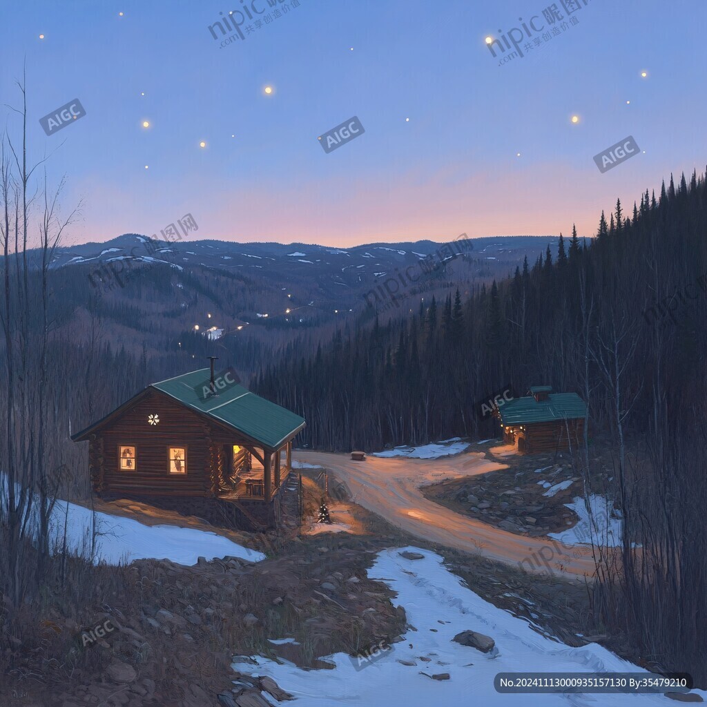 森林里的木屋夜景
