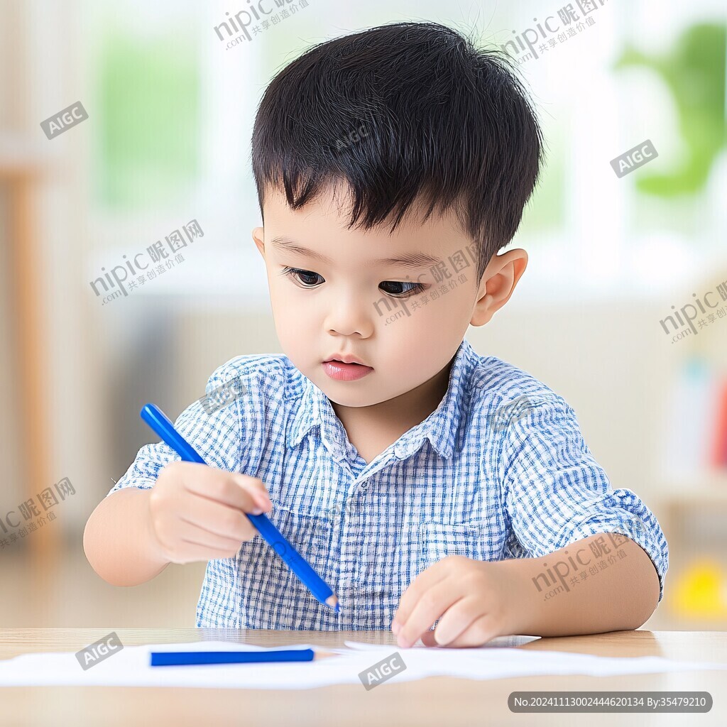 认真写字的小孩