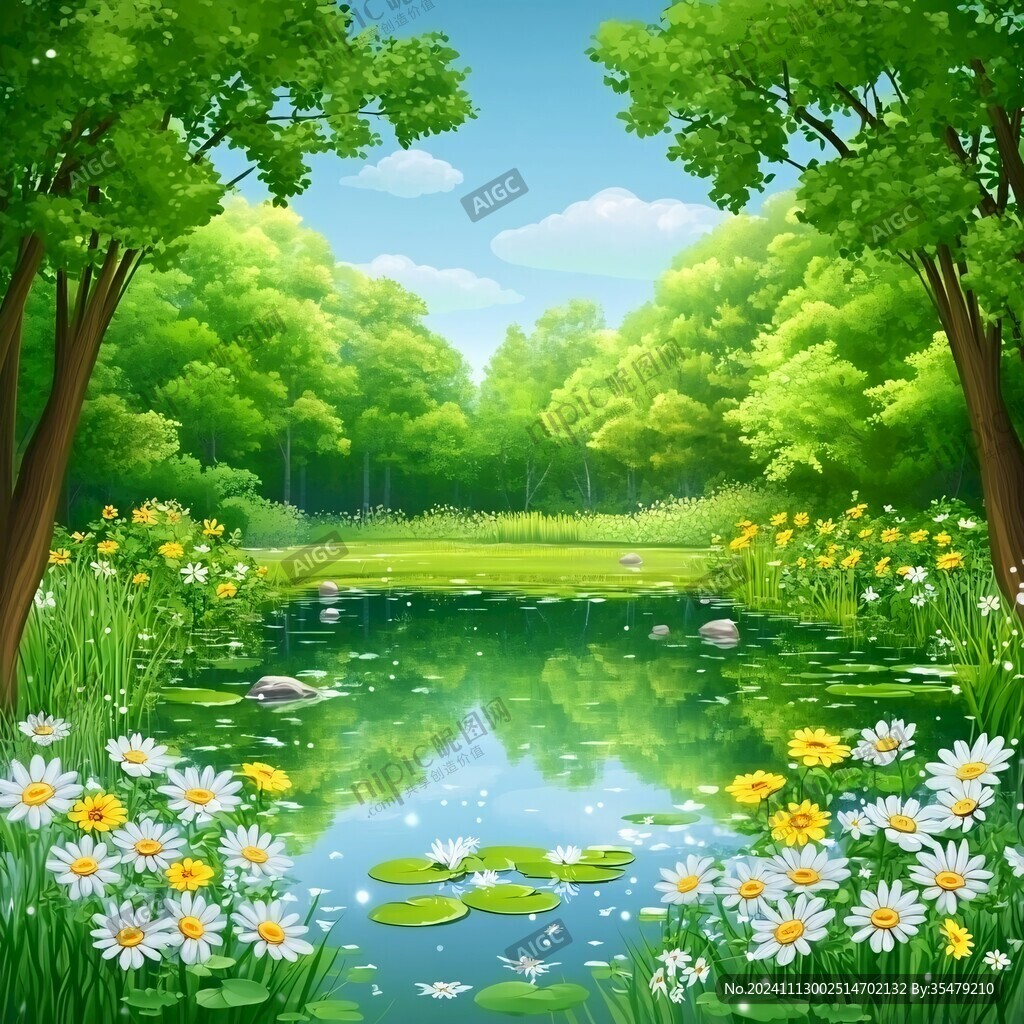 森林湖泊风景画
