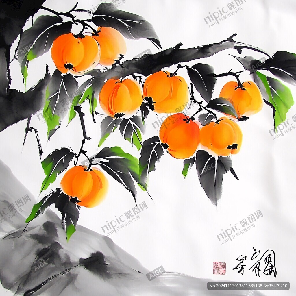 手绘柿果图