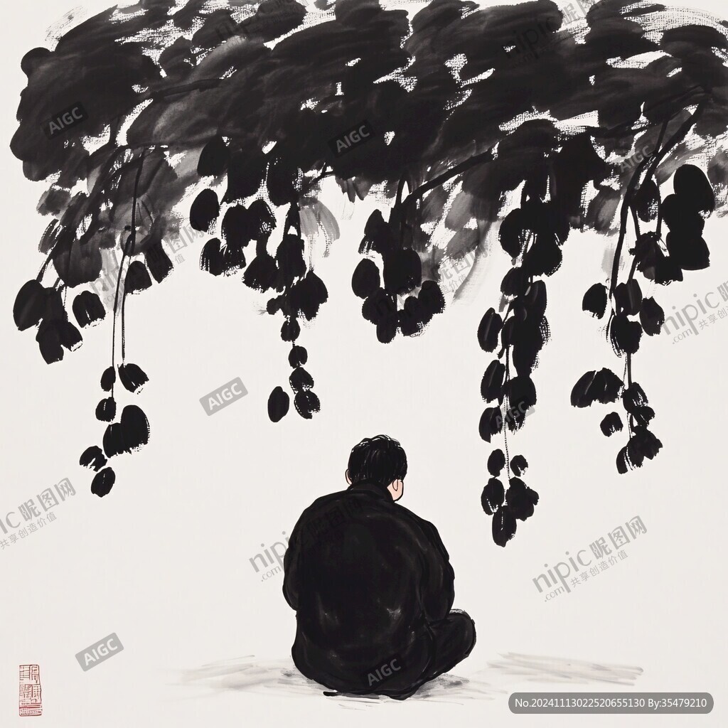 坐禅中式禅意水墨画
