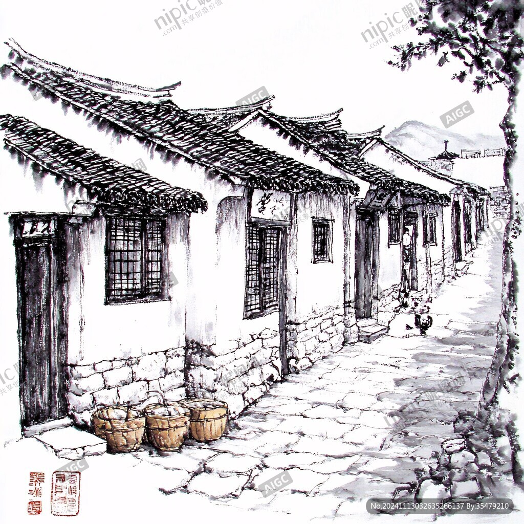 水粉画古街巷