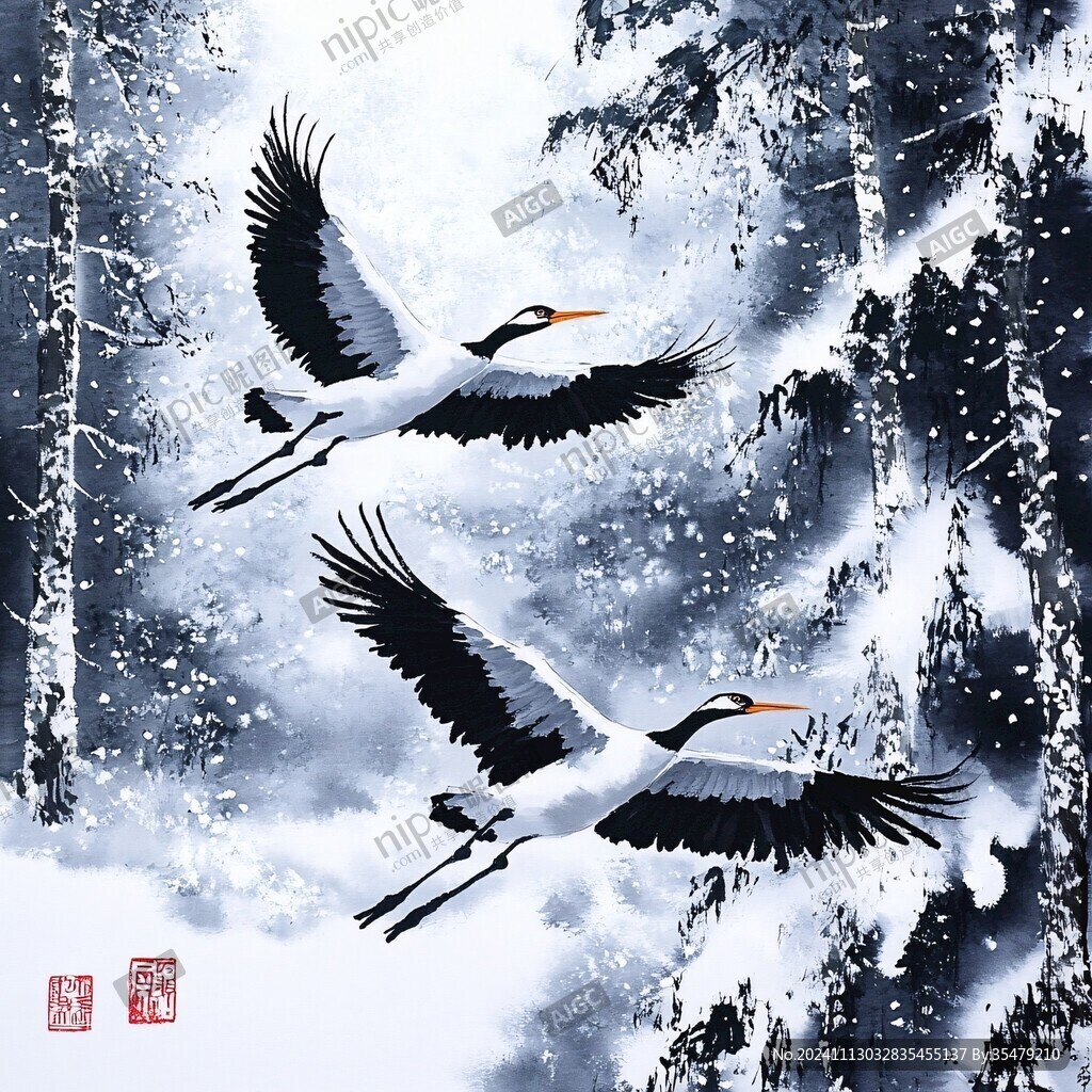 手绘白鹤装饰画