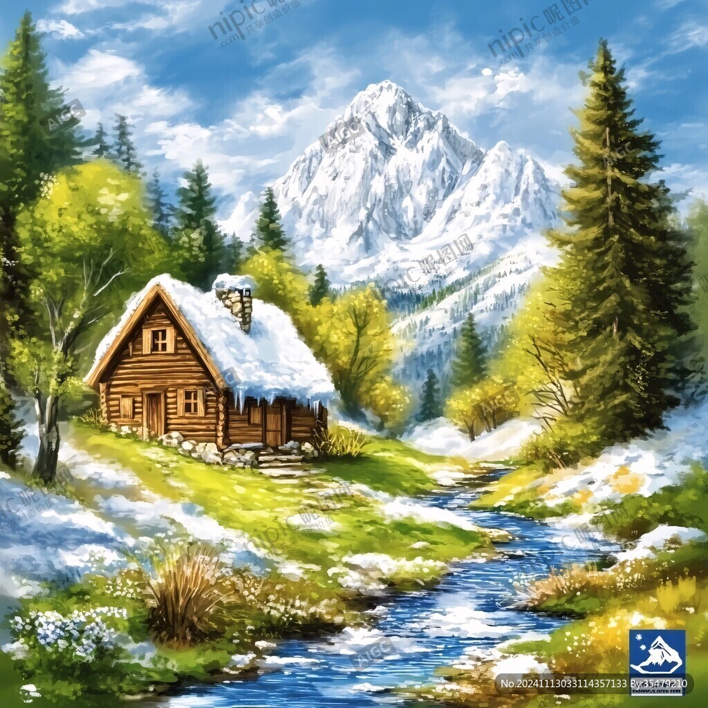 雪山水粉画