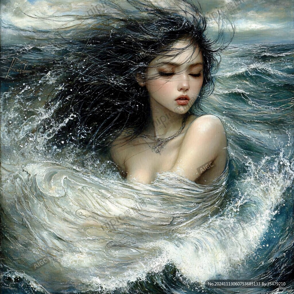 绘长发女生落水无框画