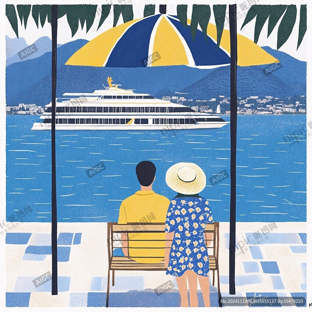 手绘看海的情侣插画