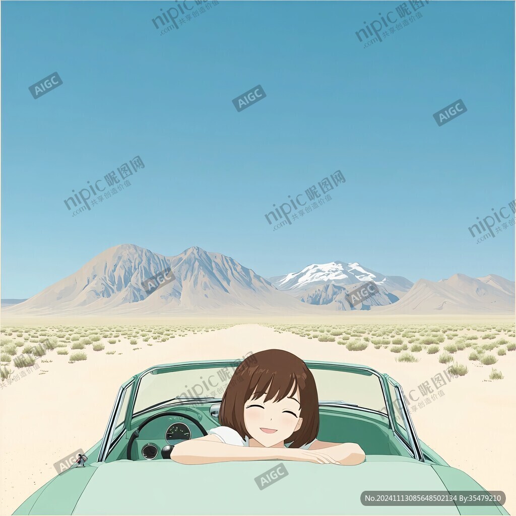手绘女孩坐车