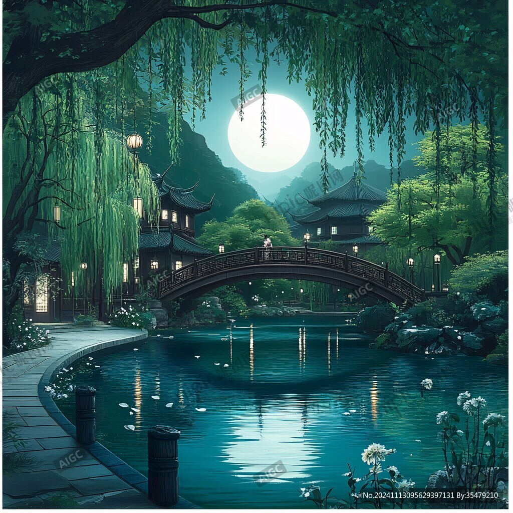 虎溪夜月景点插画