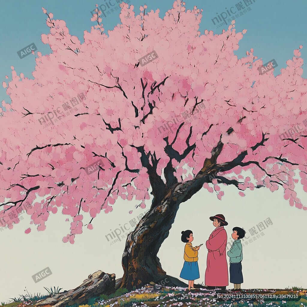 开满樱花的大树插画