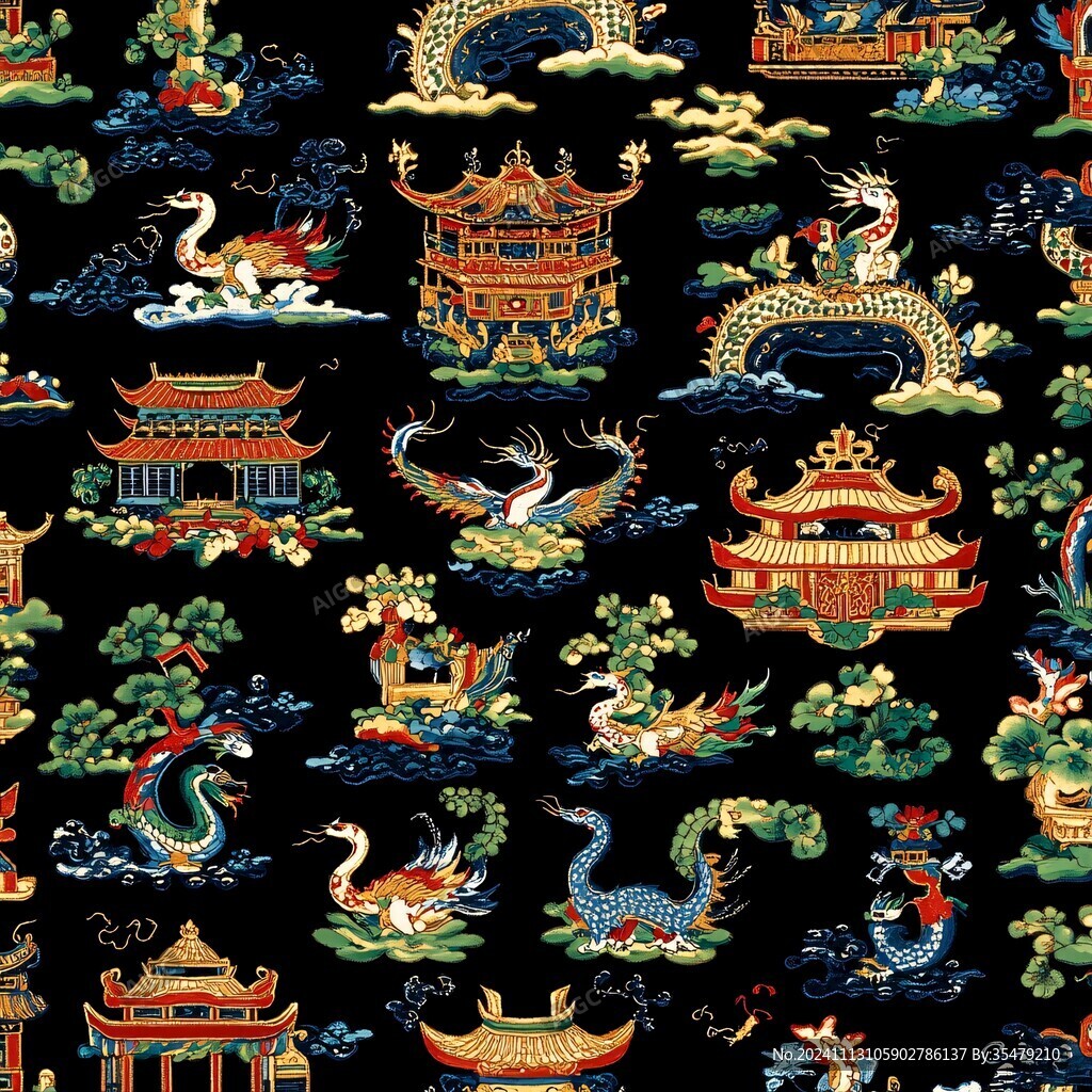 刺绣高端仙鹤楼阁复古