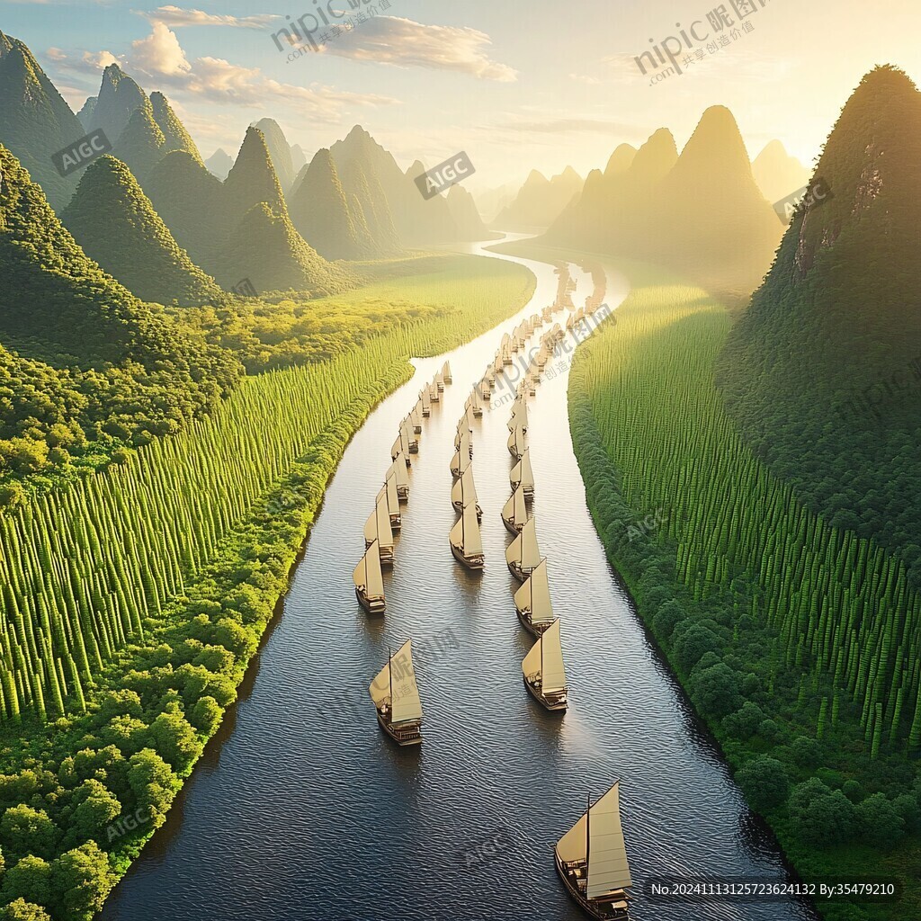 舟河流山峰背景墙