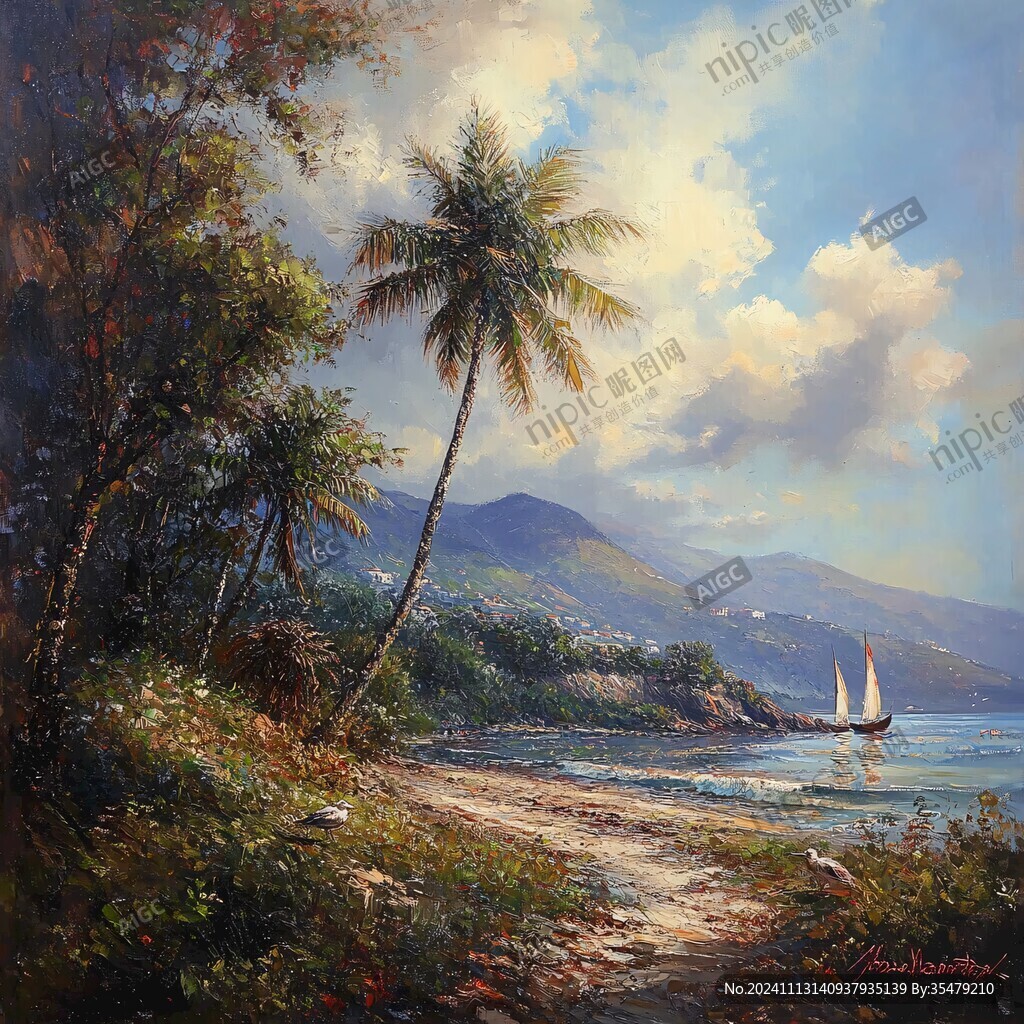 帆船风景油画