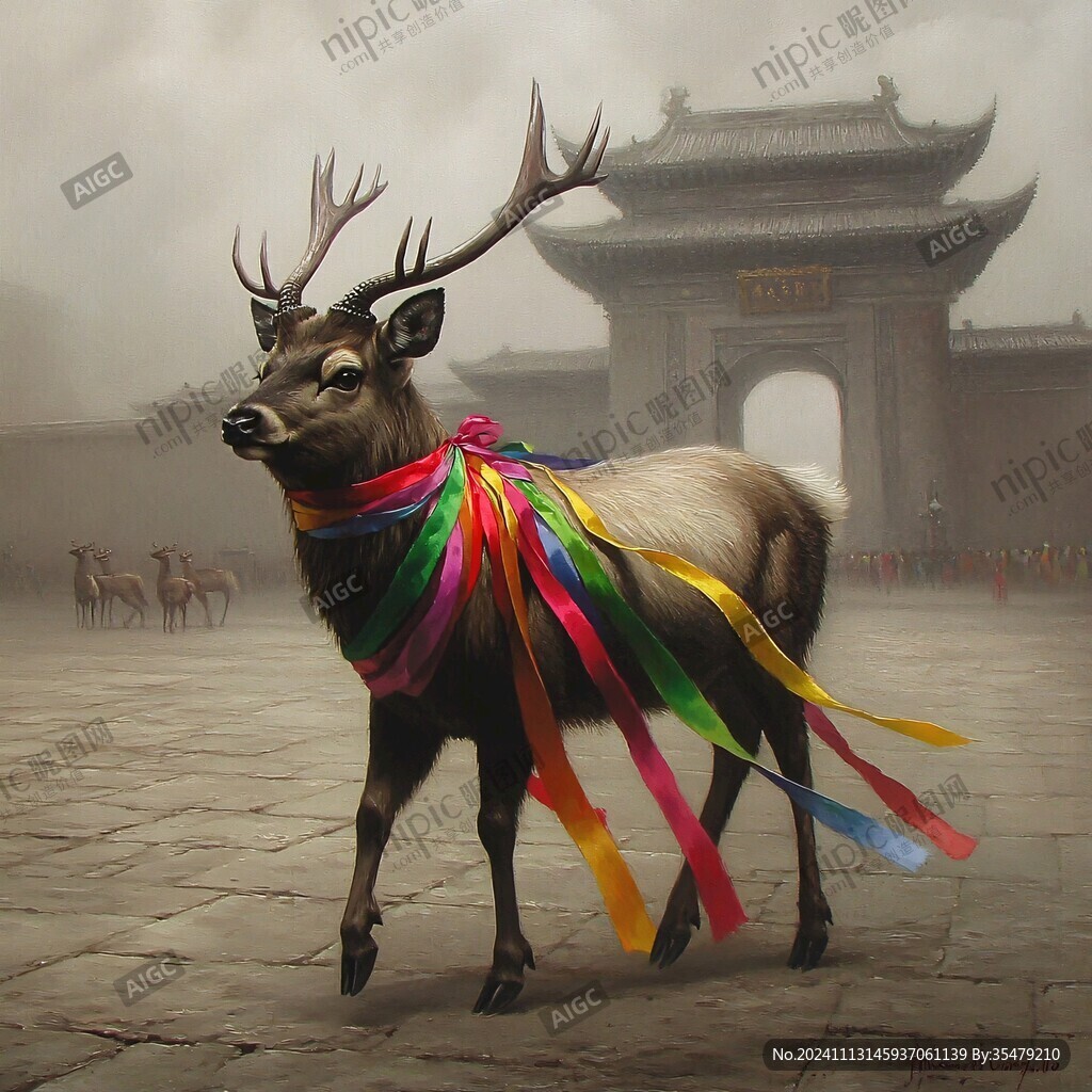 楼阁古风仙鹿仙景