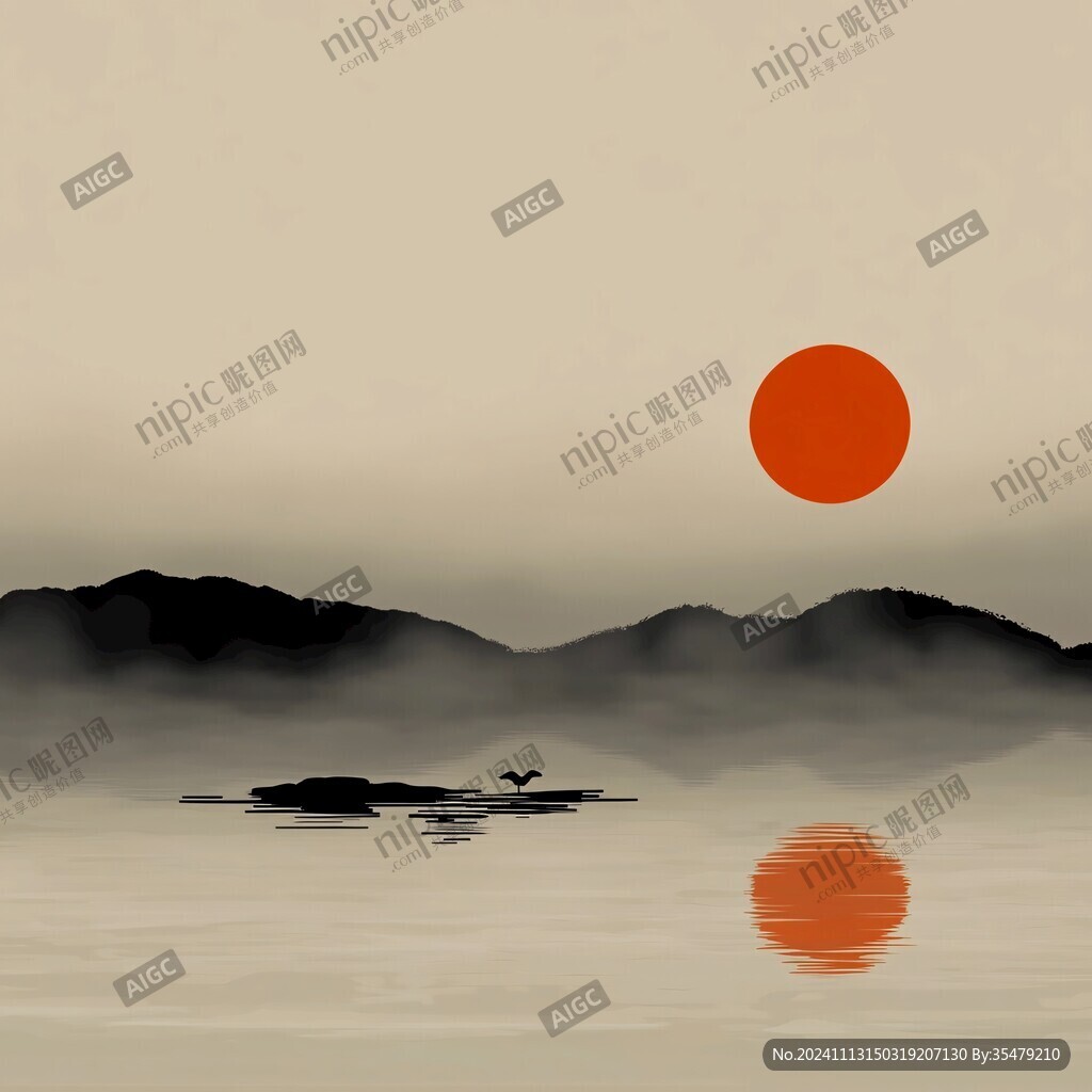 红日水墨山水