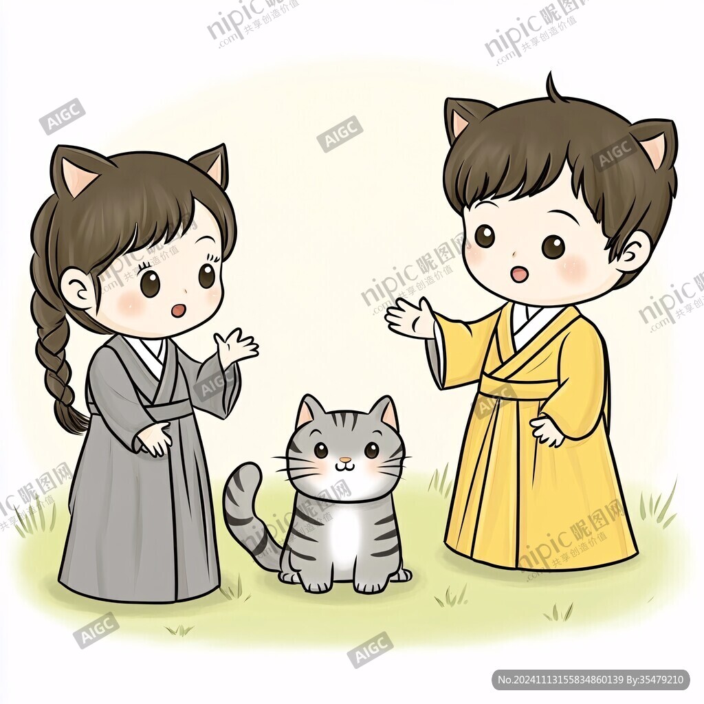 孩子和猫咪插画