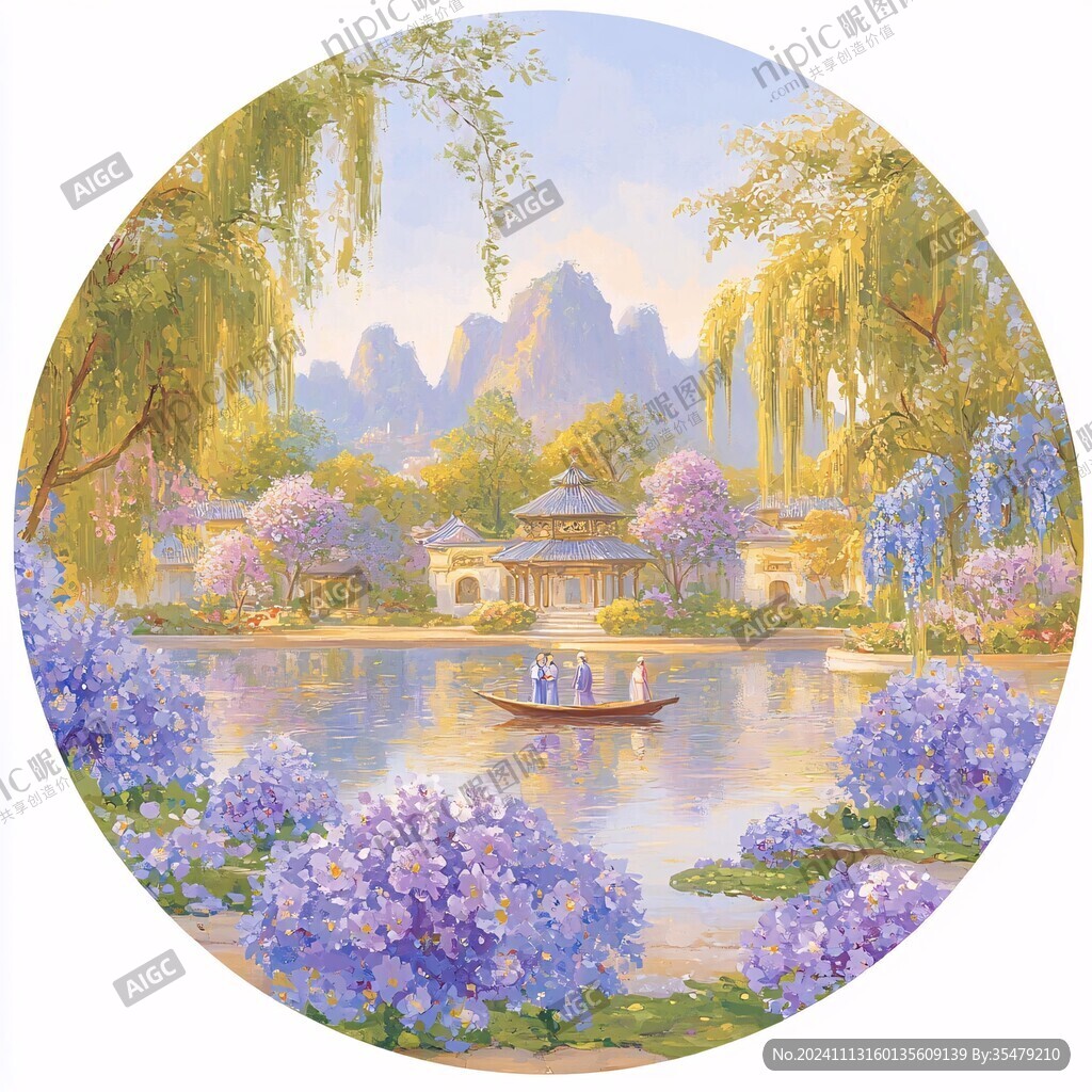 圆形花鸟楼阁油画