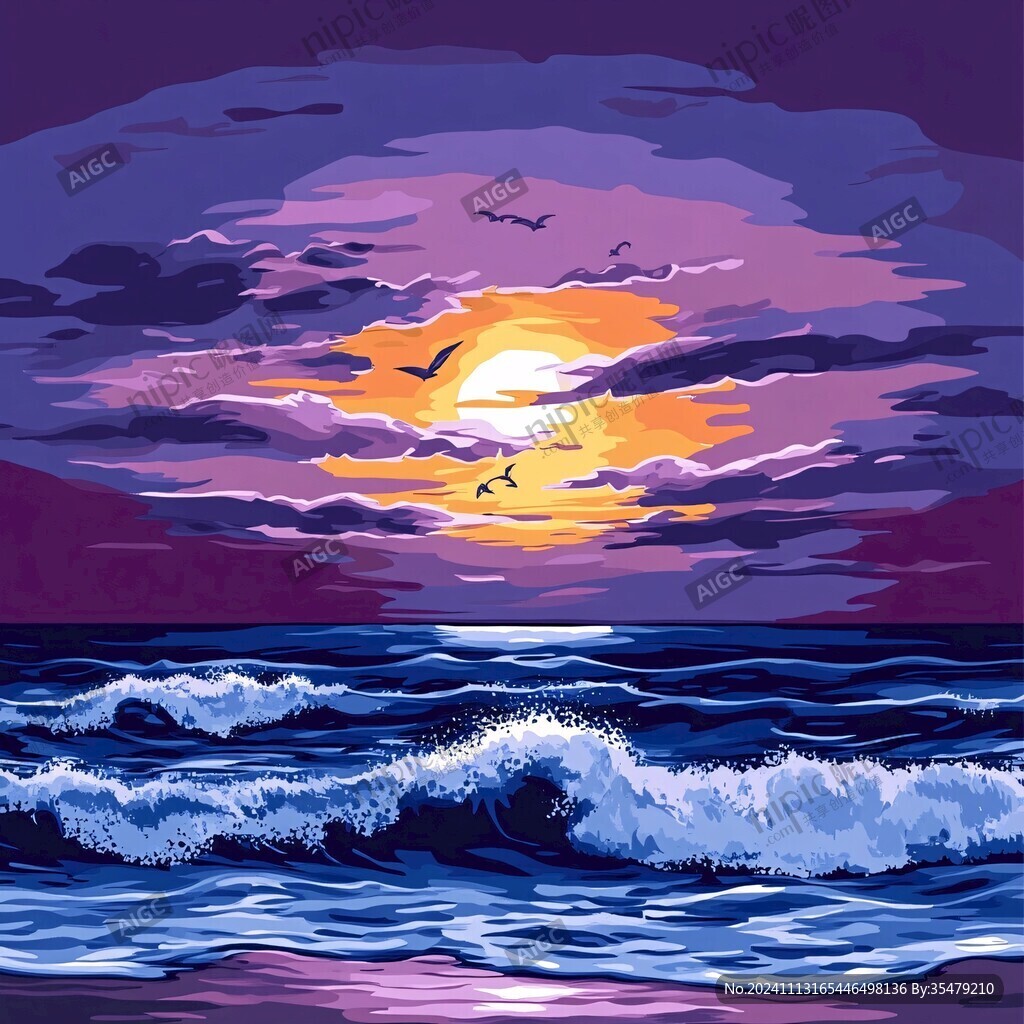海上落日插画