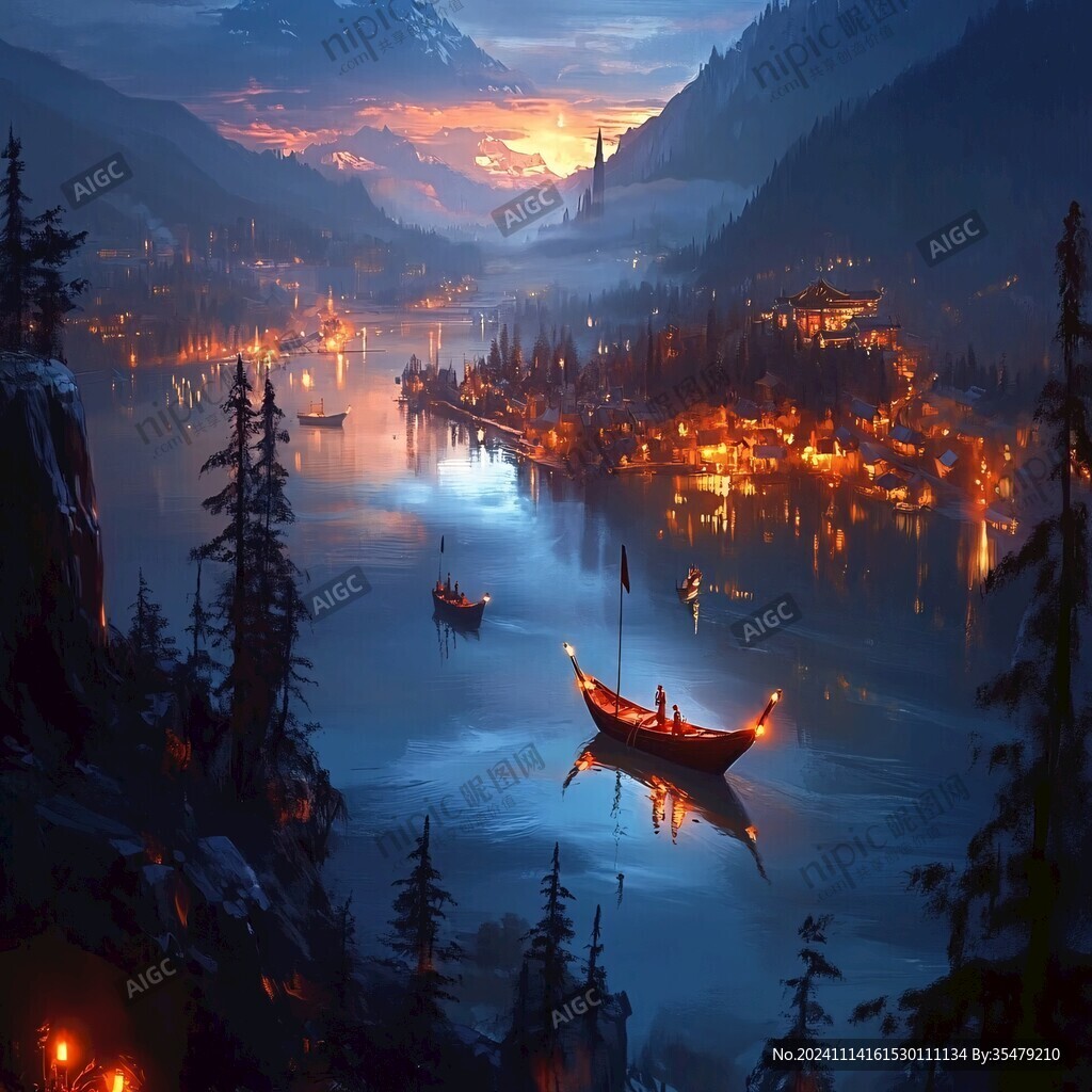 溪流小船白鹤落日山峦