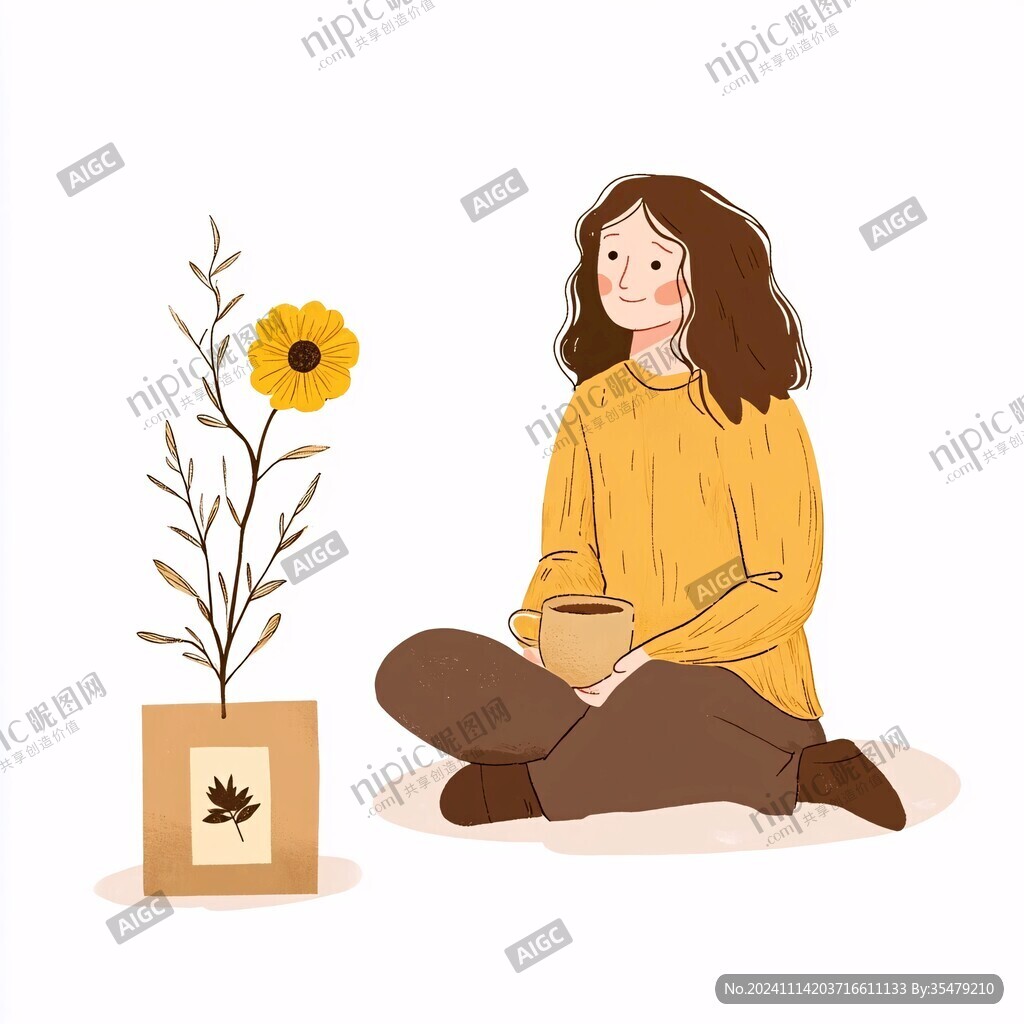 女孩捧花微笑插画