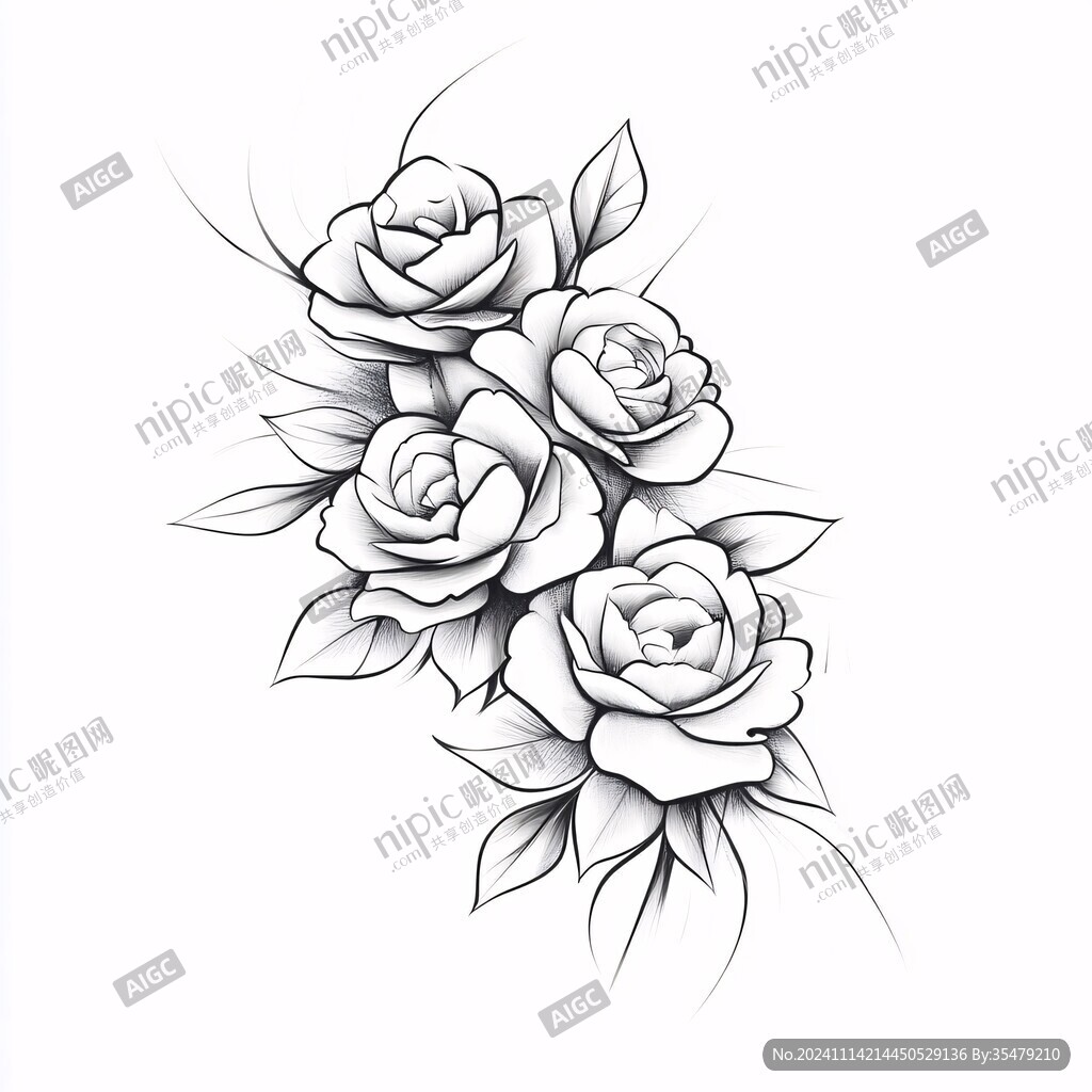 玫瑰花黑白线描画