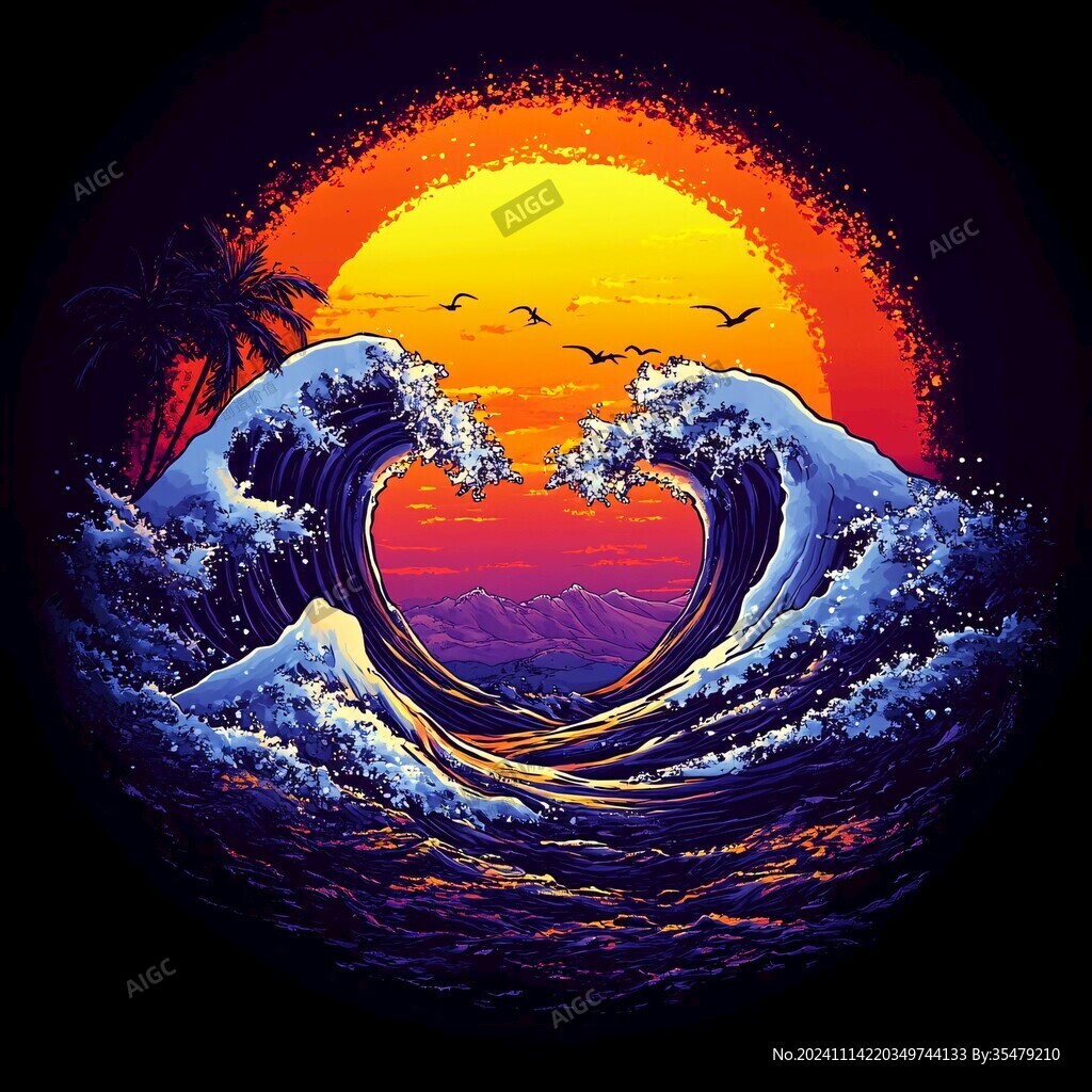 手绘海浪旭日东升