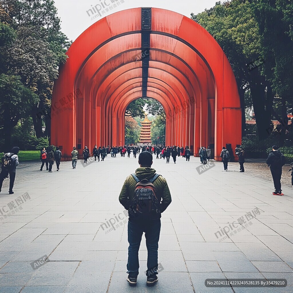 圆门游人背影
