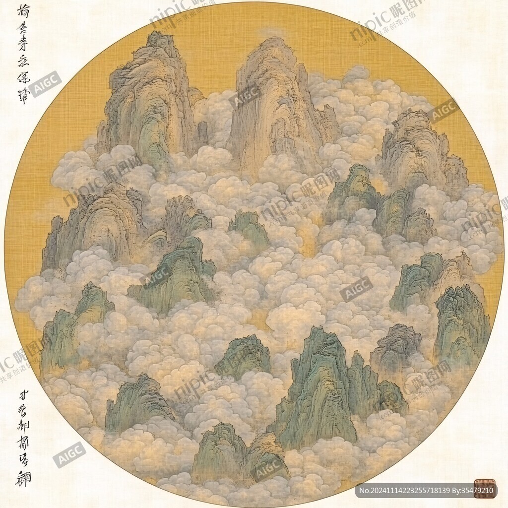 青绿金碧山水团扇画