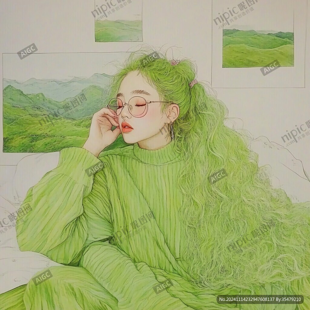墨绿色女孩插画