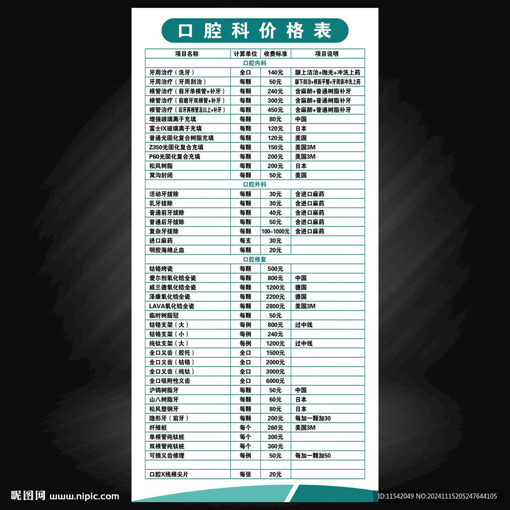 牙科齿科价格表
