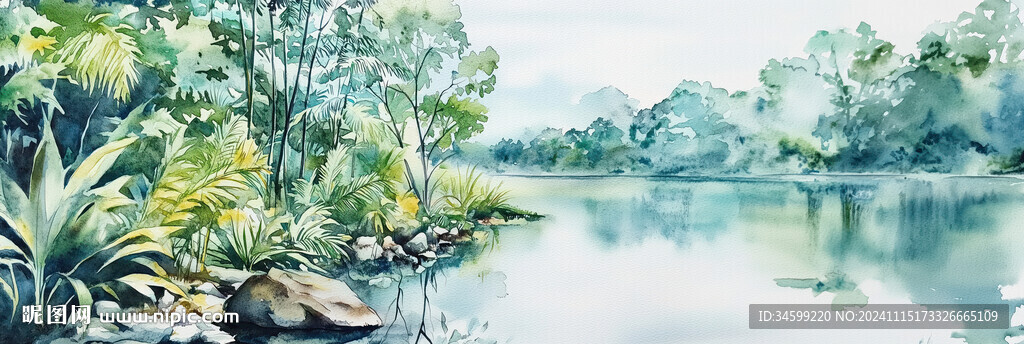 热带雨林水彩画背景墙