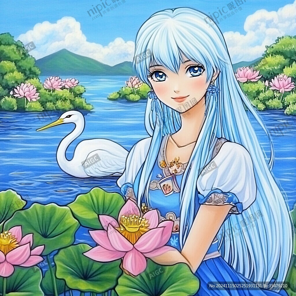 蓝色系女孩手绘