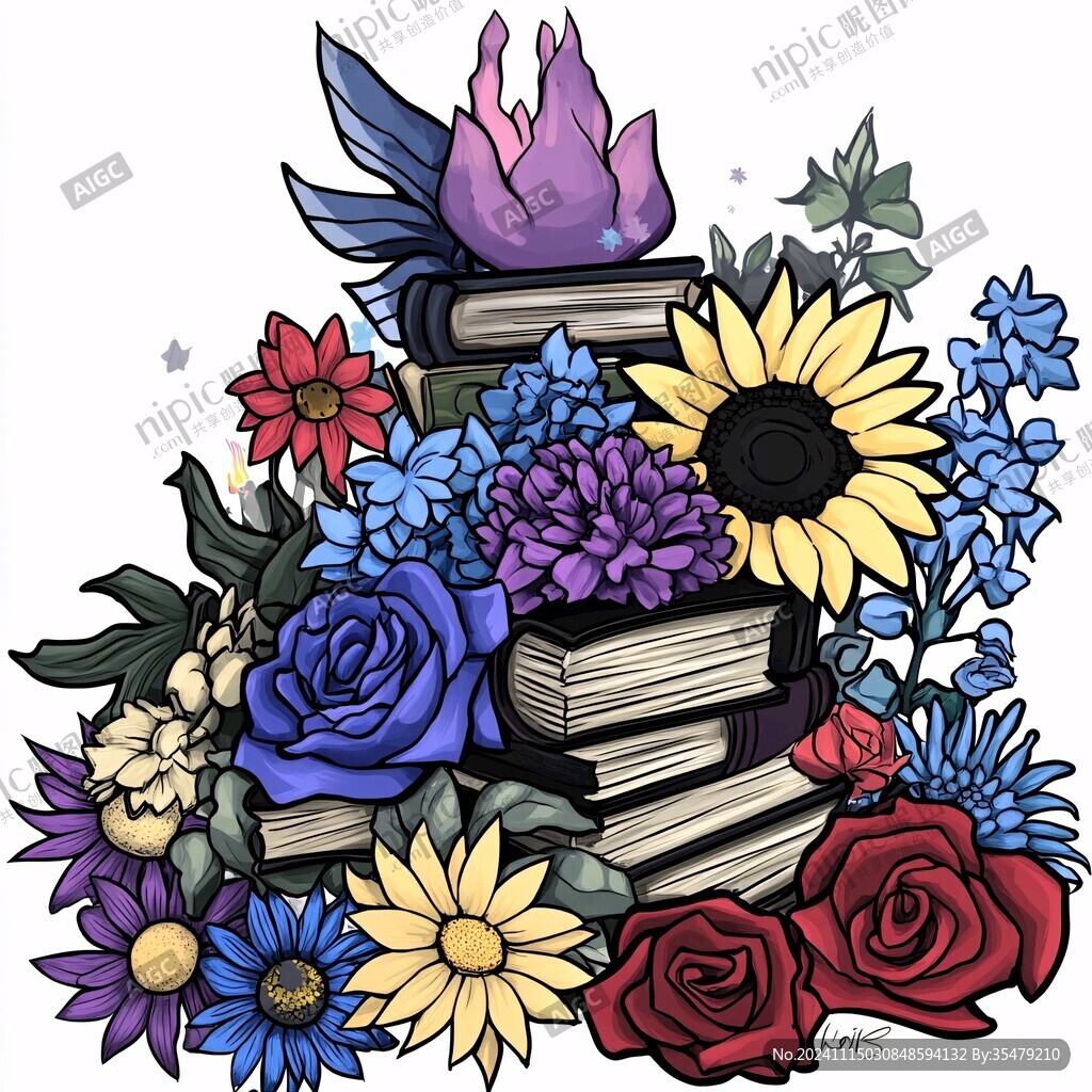 书籍花卉插图素材