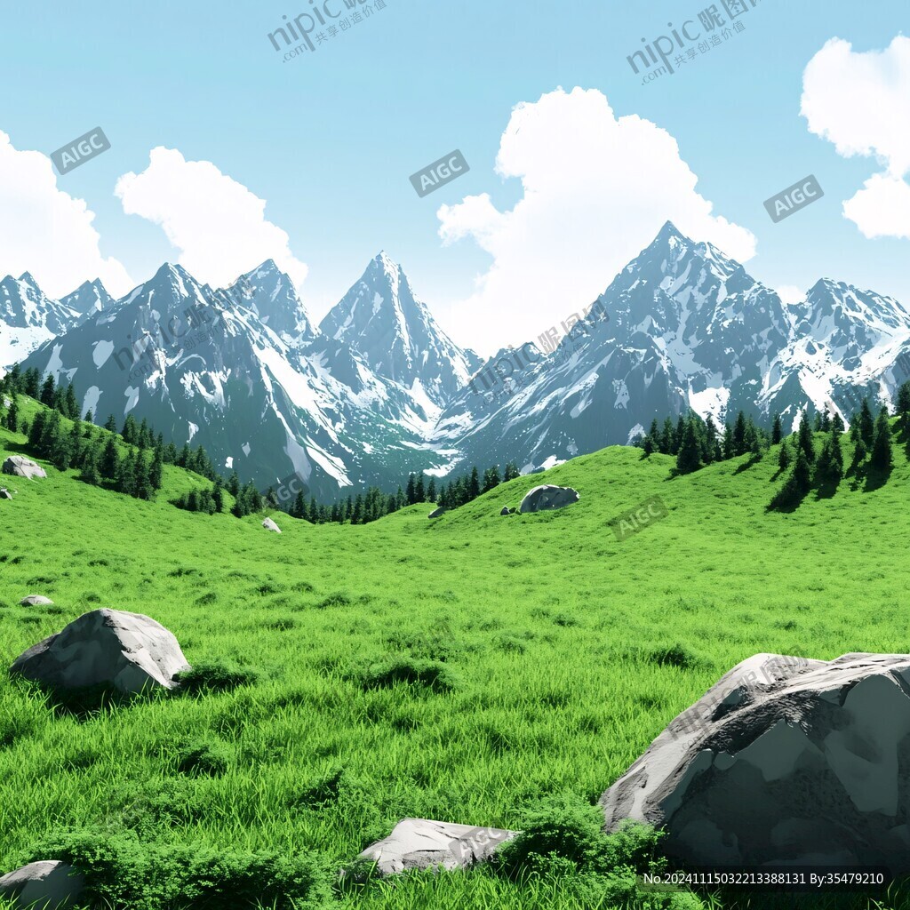 手绘森林山峰草地