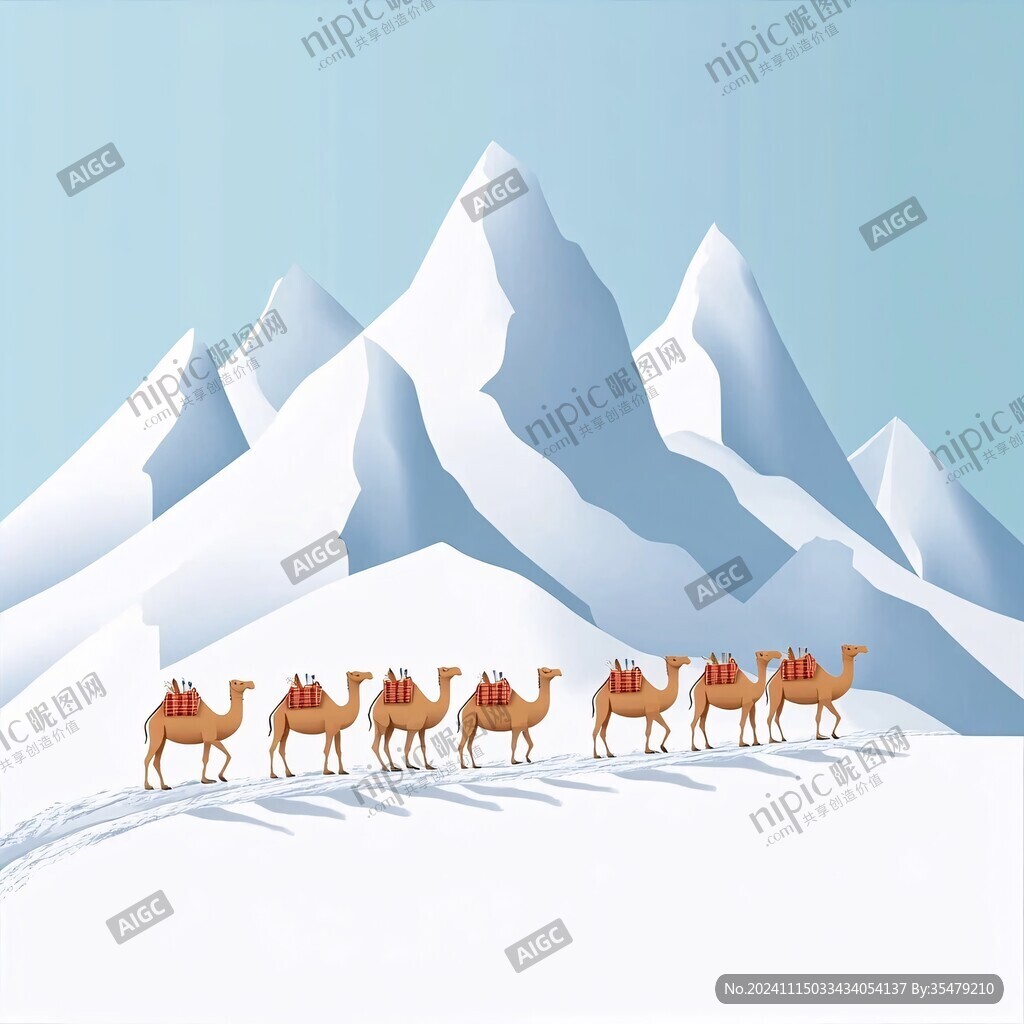 沙漠雪山骆驼
