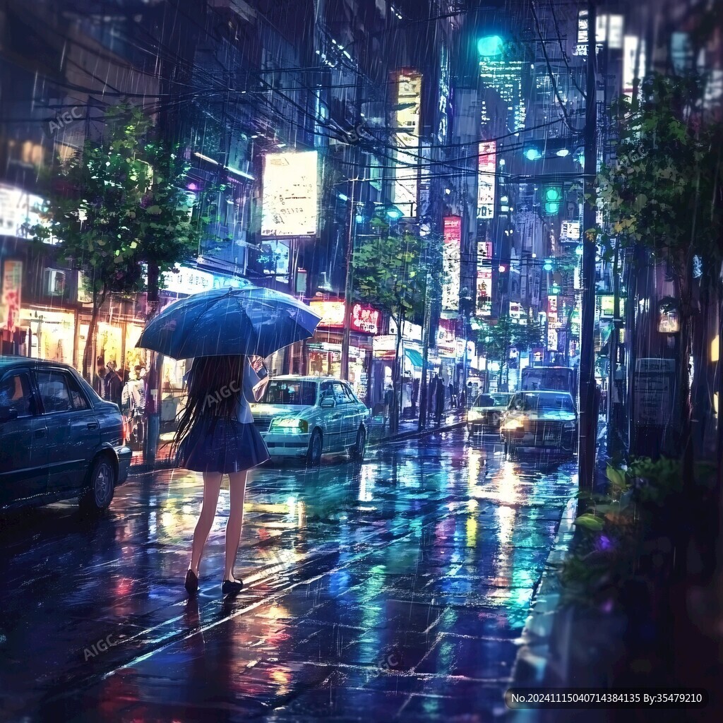 雨中撑伞的少女