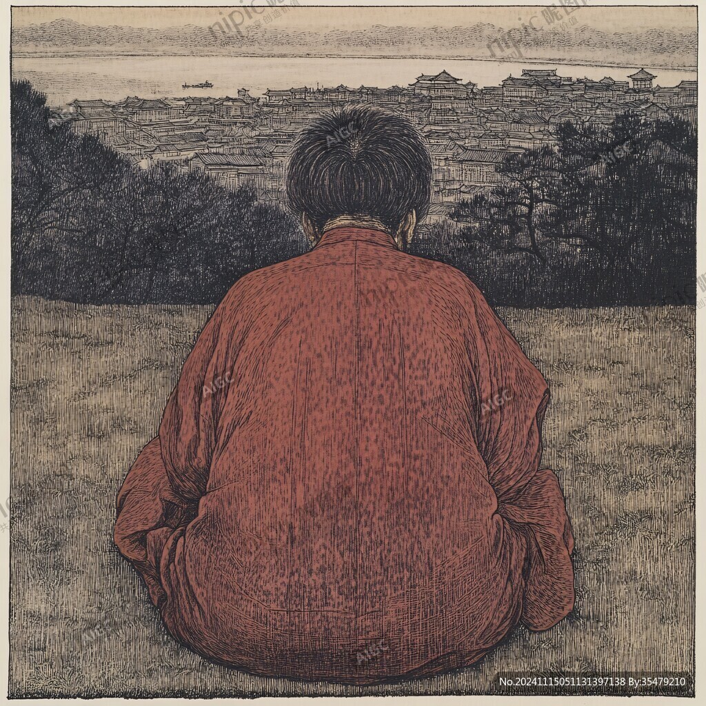 坐在湖边人物背影