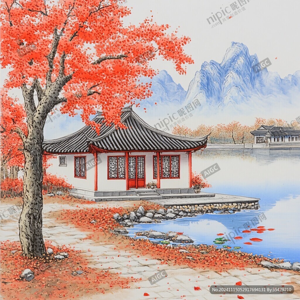 红叶古风山水画