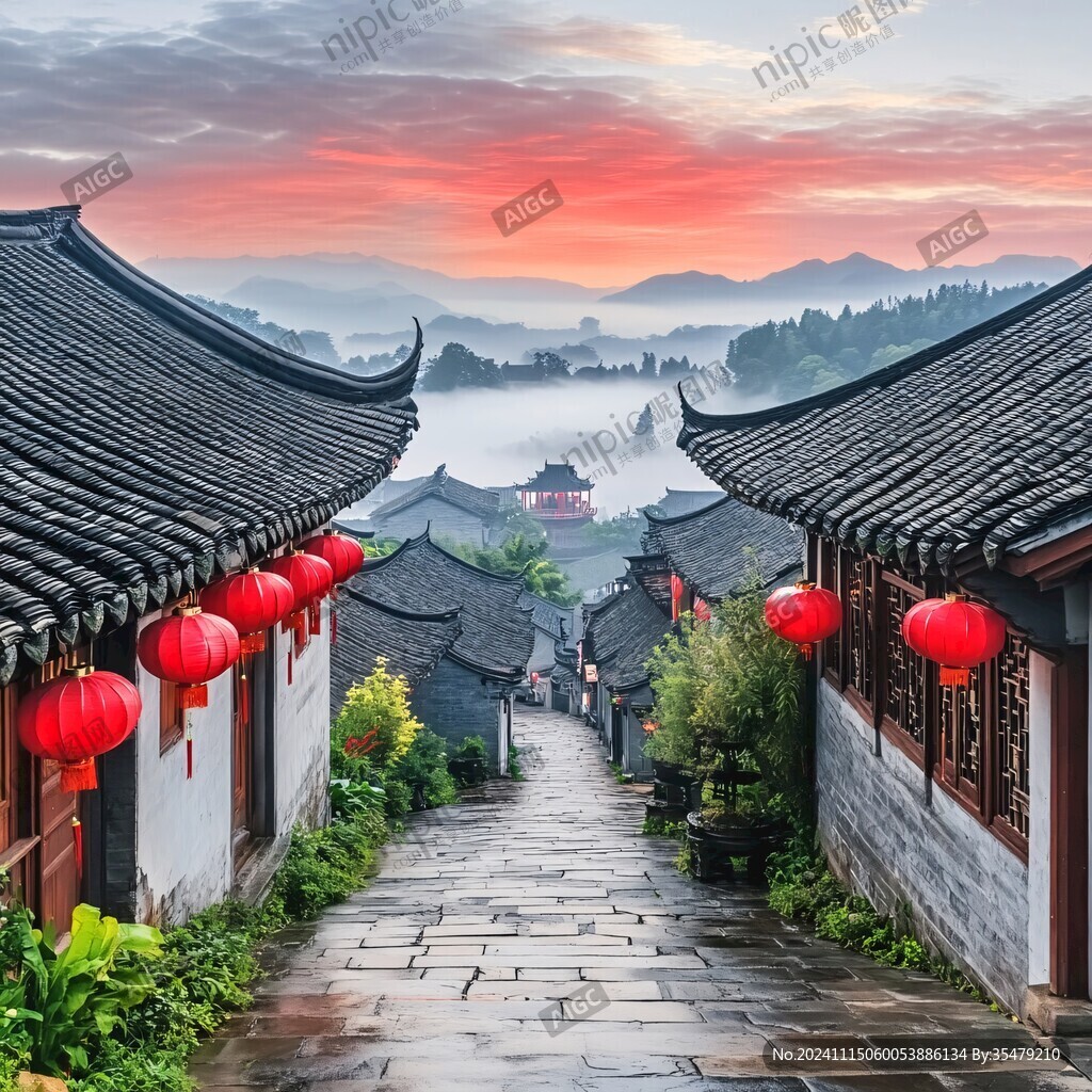 中式古镇黄昏