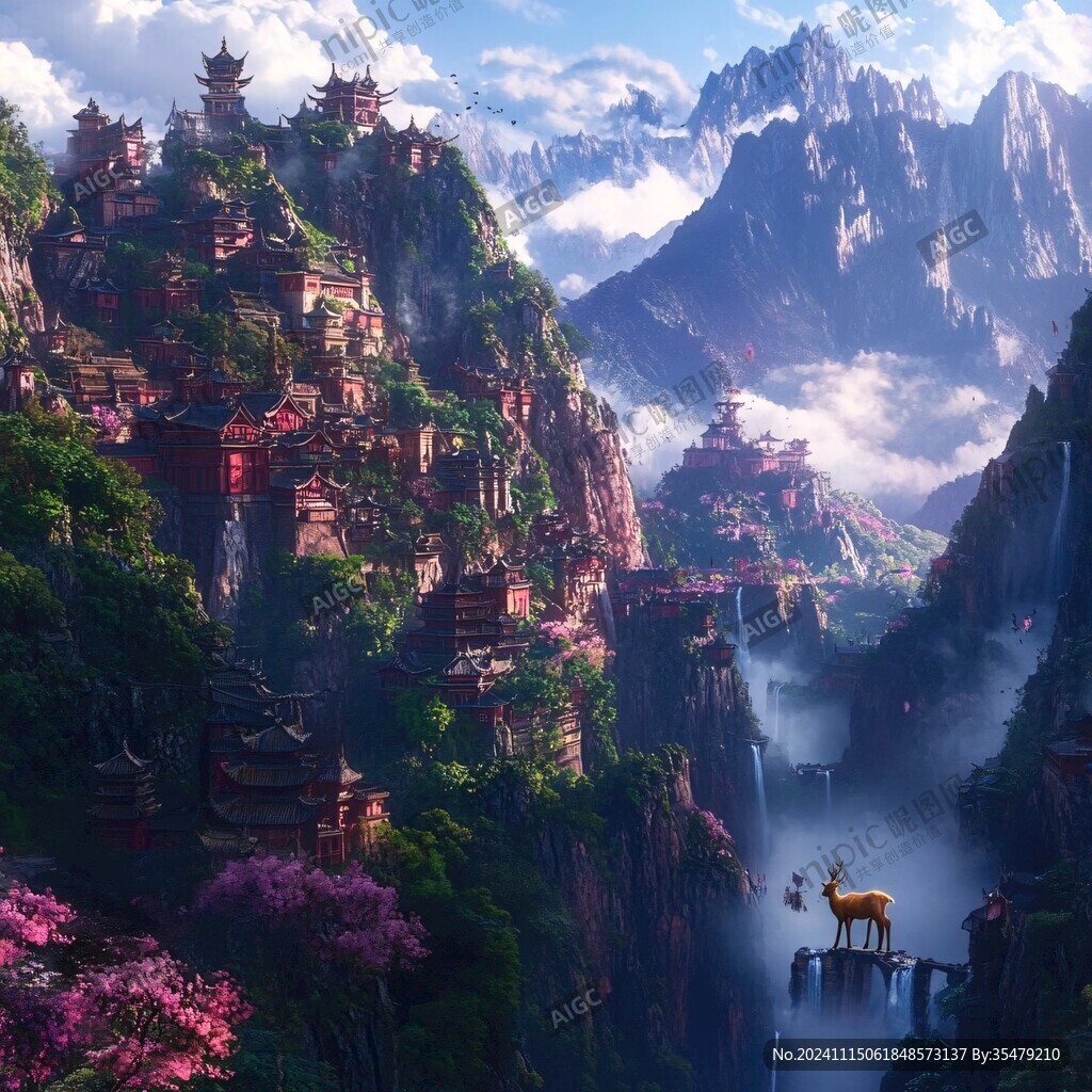 楼阁古风仙鹿仙景
