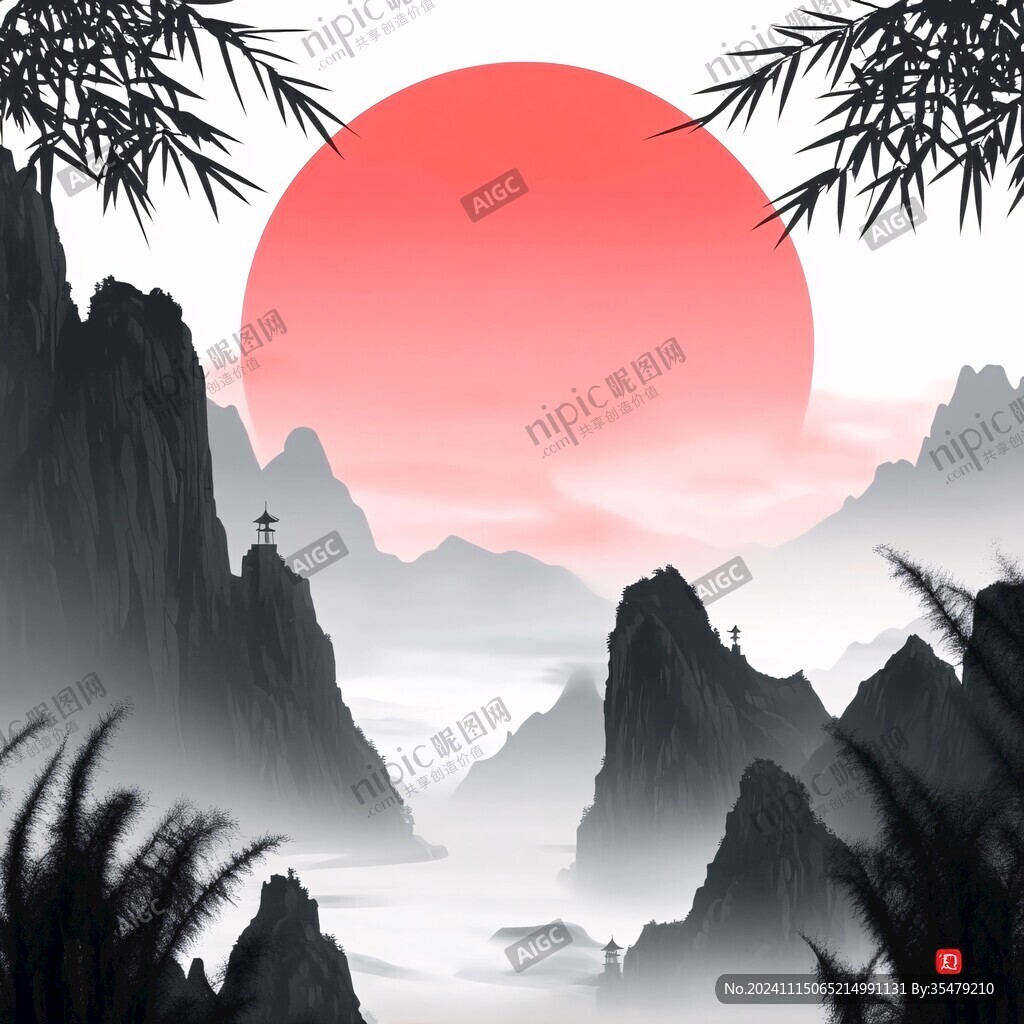 红日水墨山水