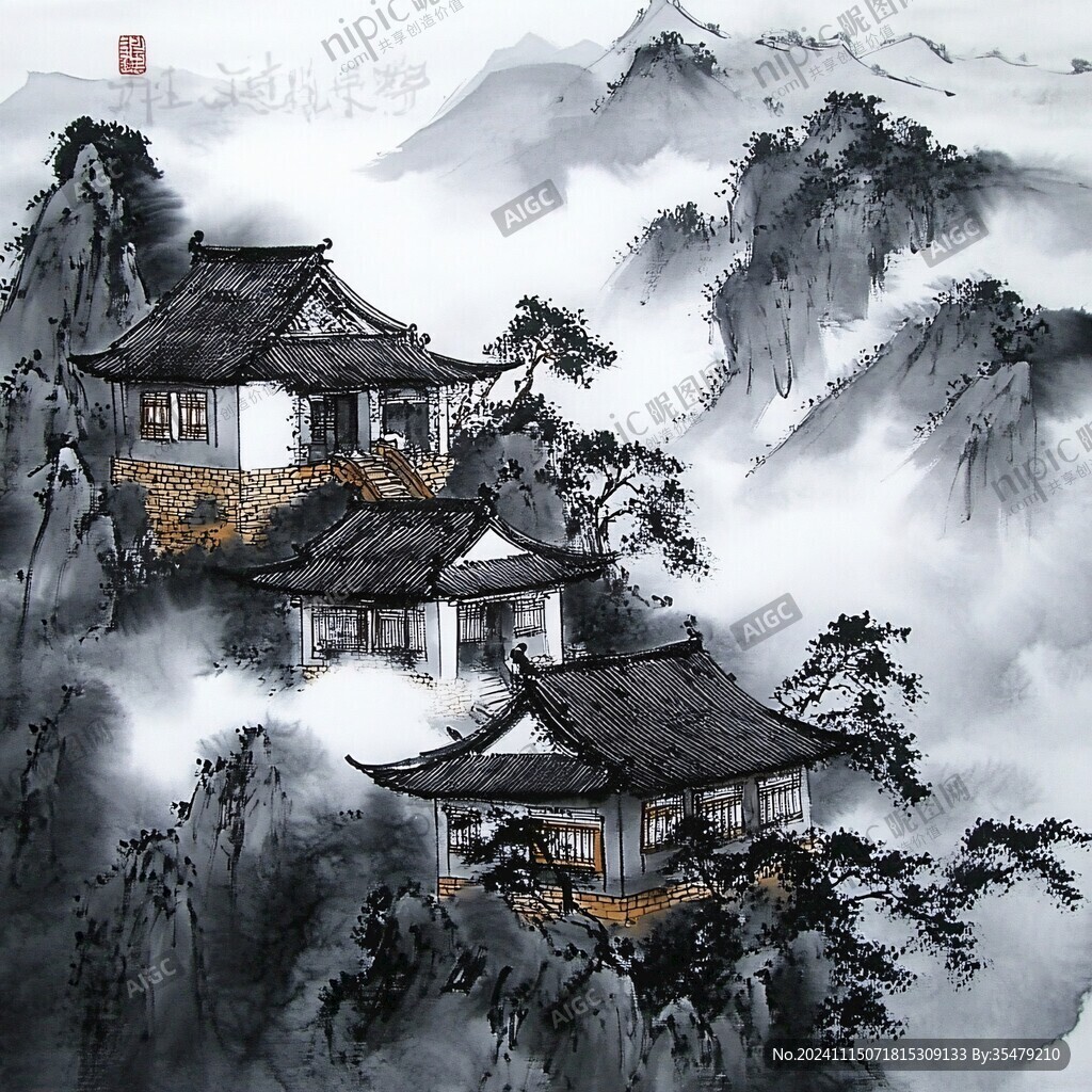 楼阁山水意境画