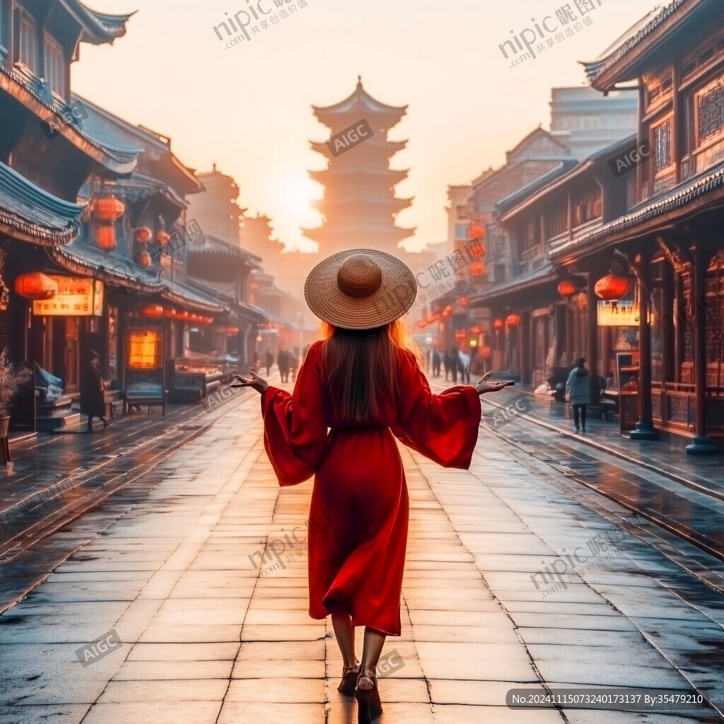 古城美女背影
