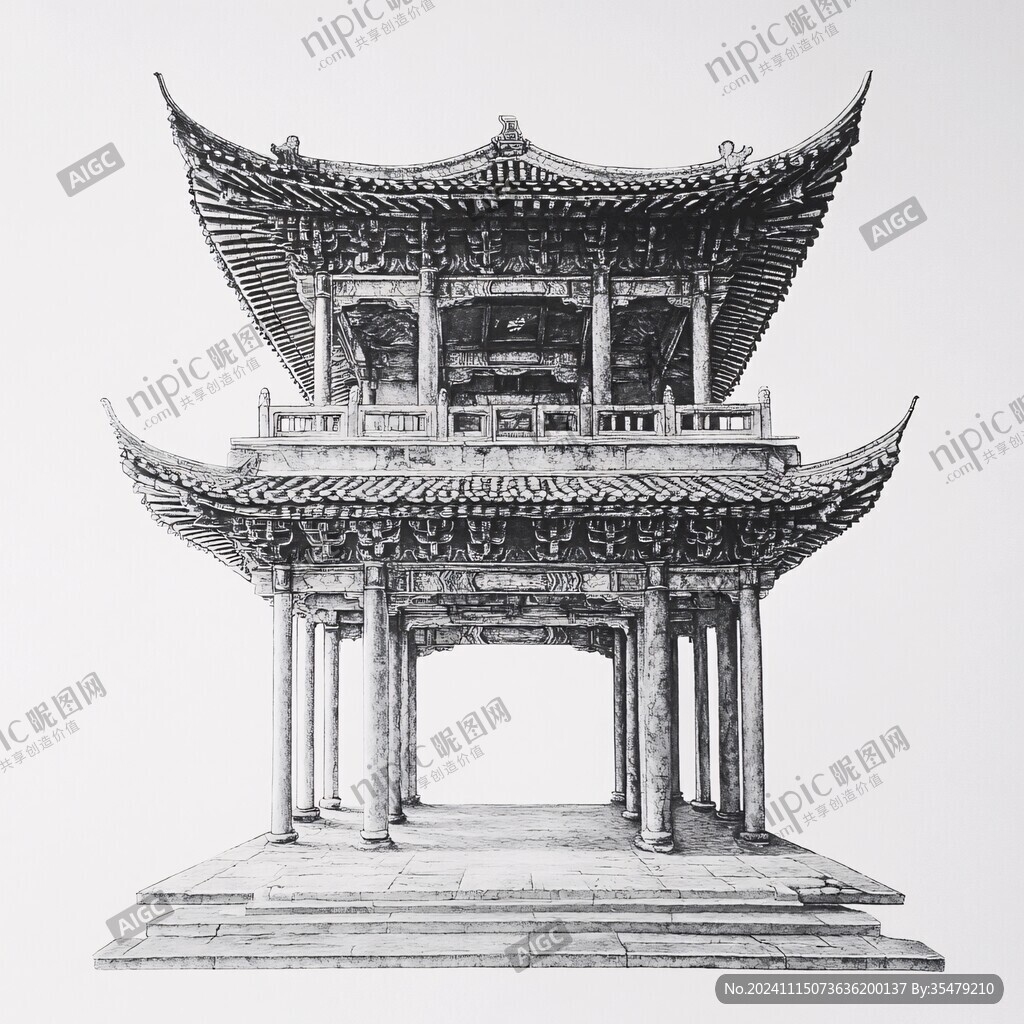 中式建筑钢笔插画