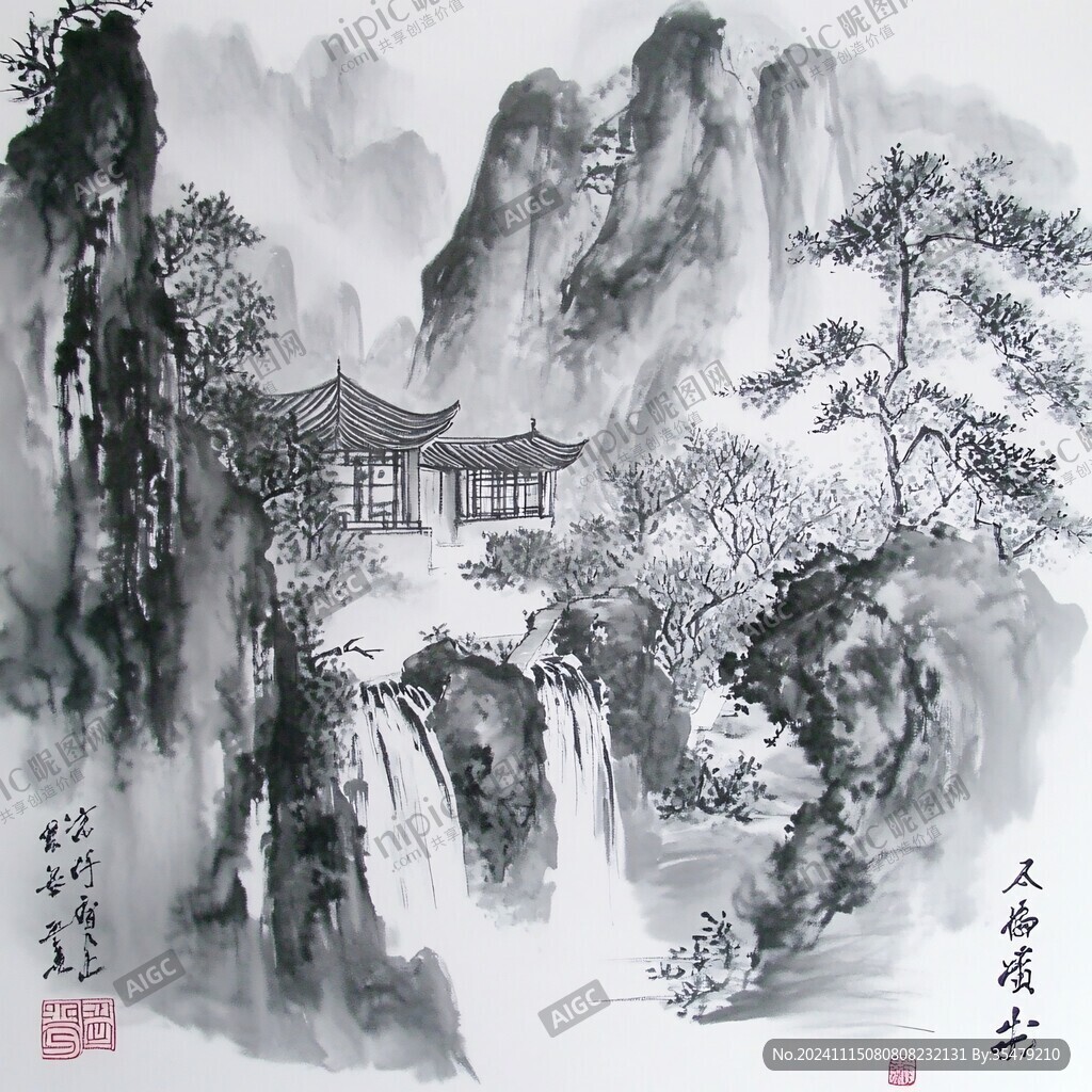 黑白画手绘山水画