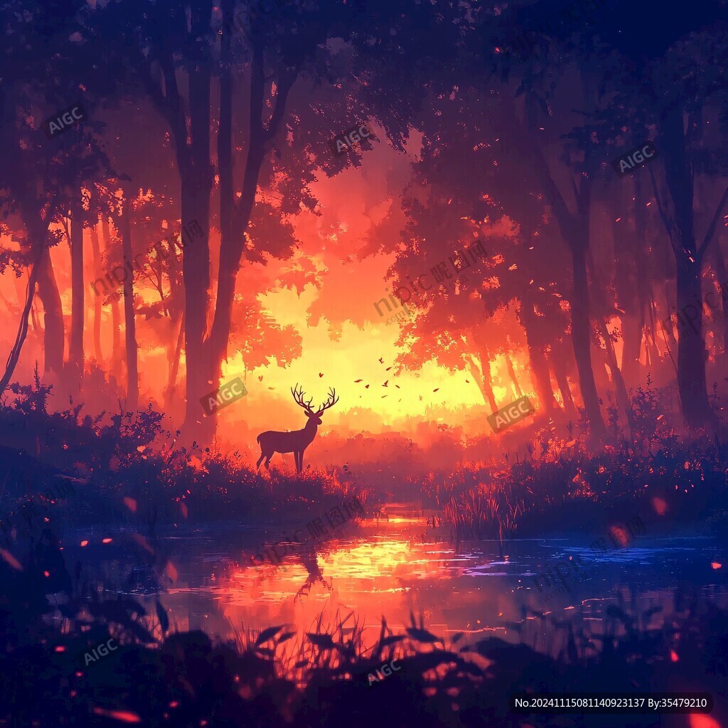 森林梅花鹿石头夜景