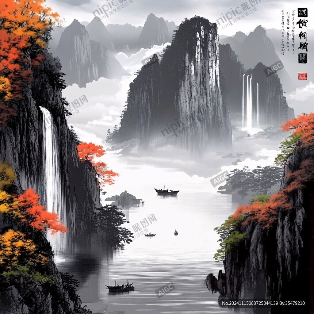 舟河流山峰背景墙