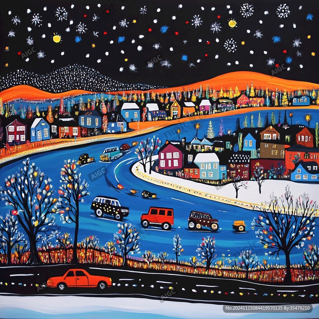 手绘雪夜风景无框画