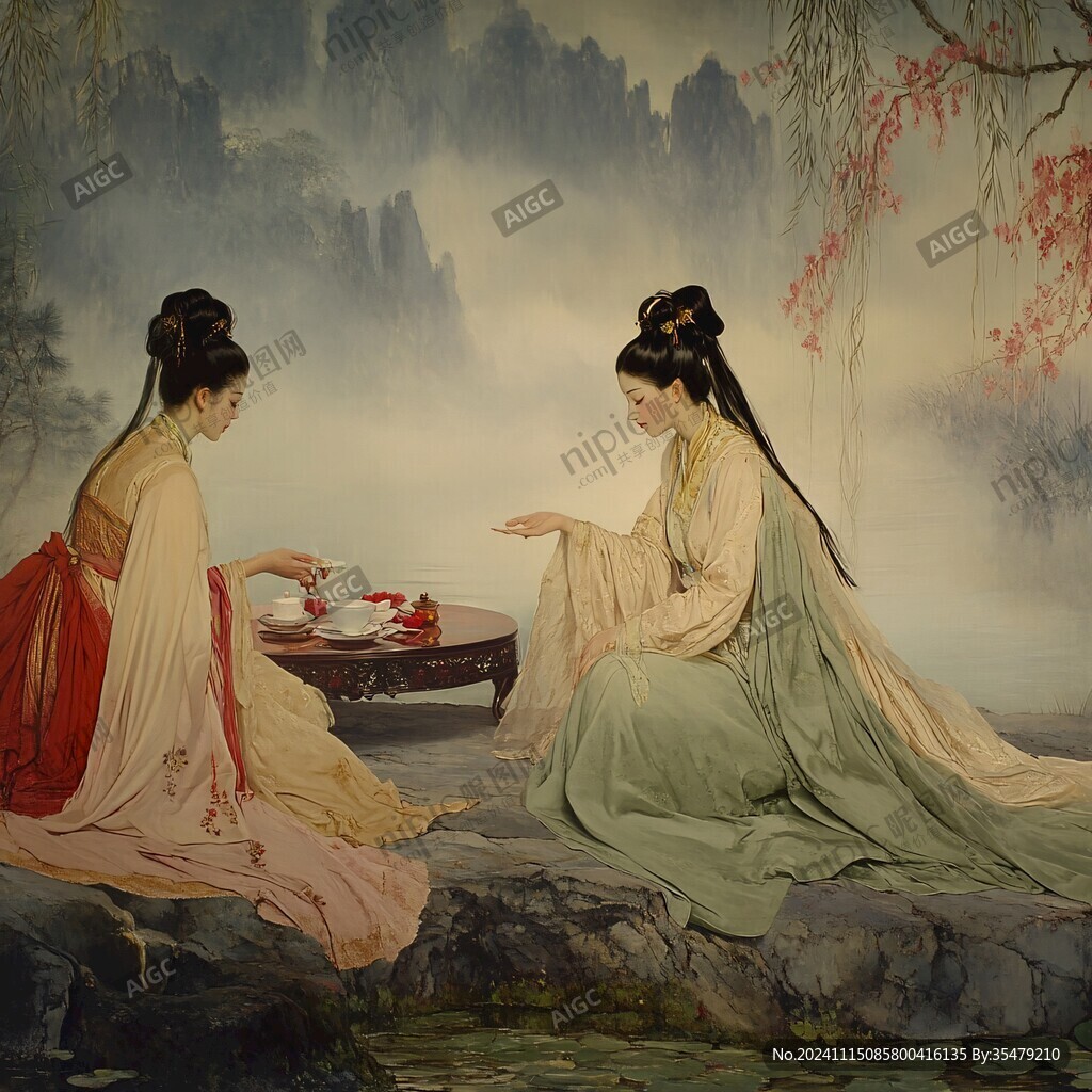 仕女鉴茶图