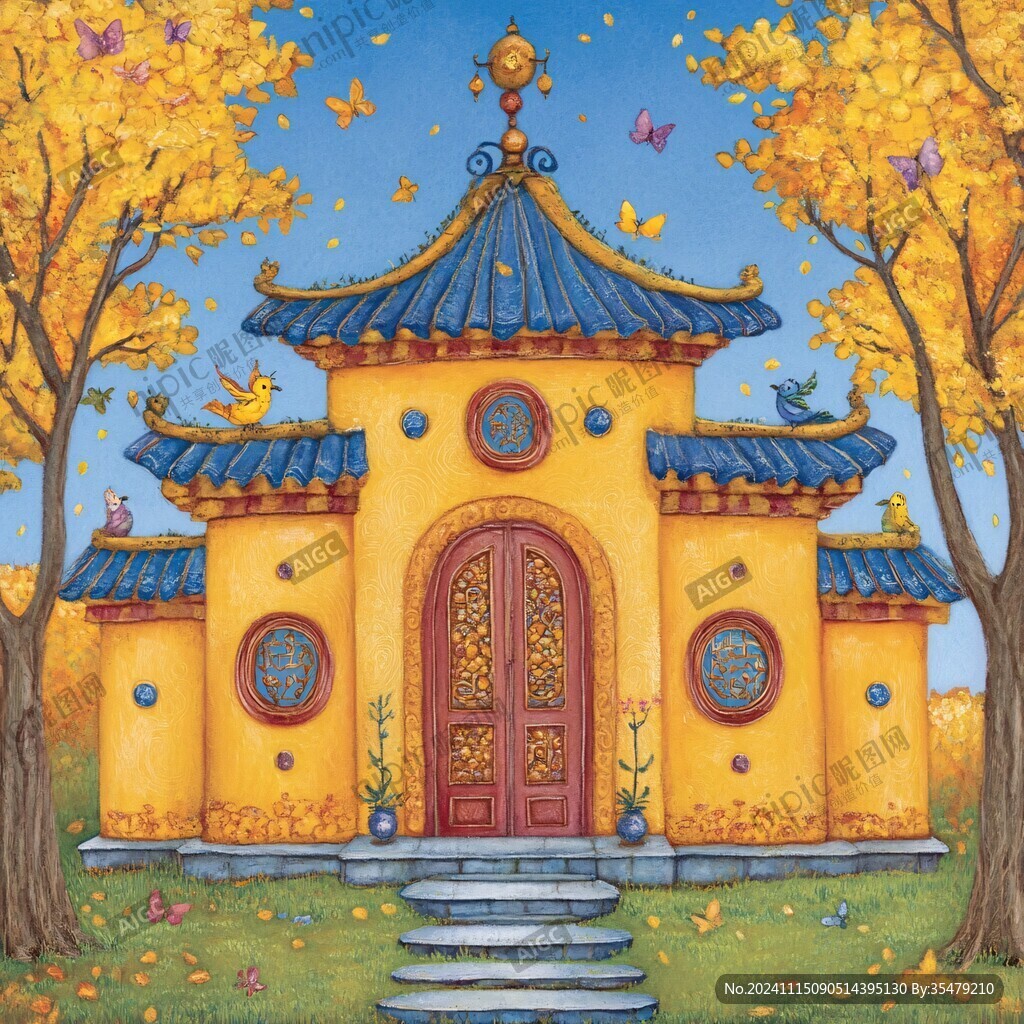 阁楼皇宫银杏插画