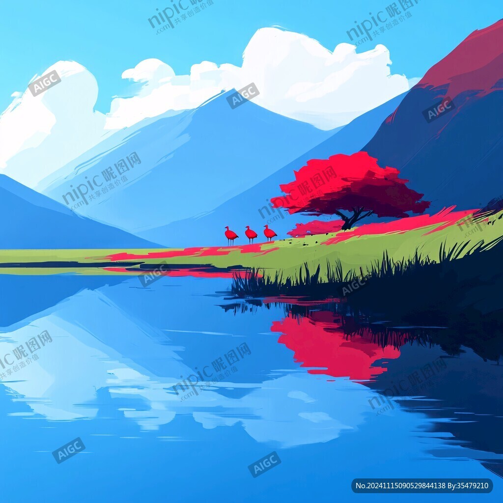 插画山水湖